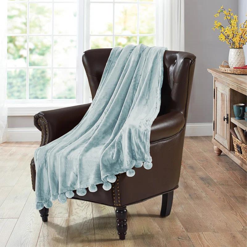 Flannel Fleece Pom Pom Blanket