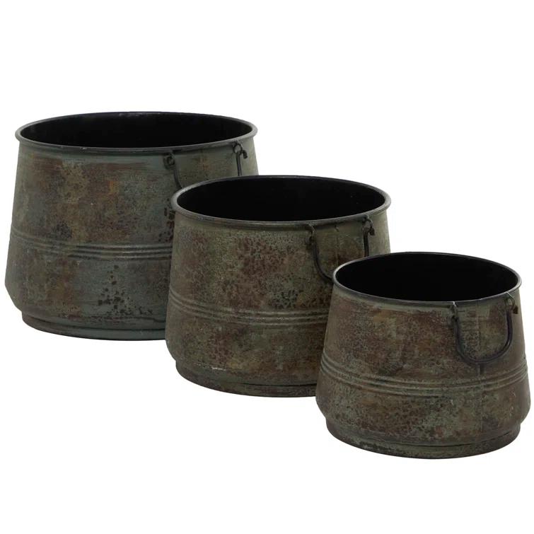 Gracie Oaks Cowden 3 Piece Metal Distressed Bucket Style Indoor Outdoor Bronze Planter with Side Ring Handles Set