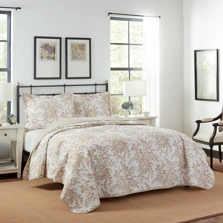 Laura Ashley Full/Queen Bedford Reversible Quilt Set Mocha: Includes 2 Shams, Machine Washable