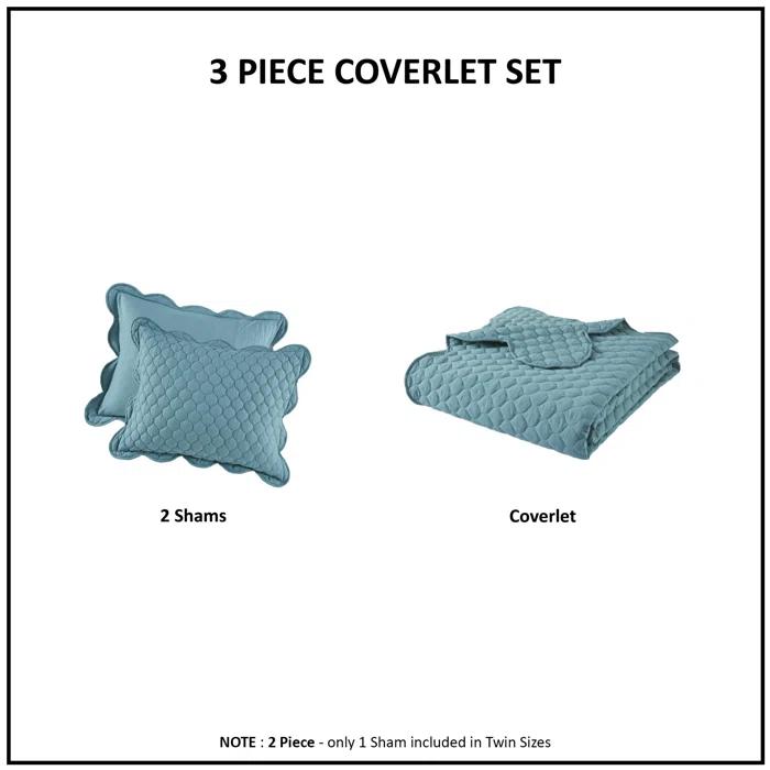 Solid Color 3 Piece Scalloped Edge Crinkle Microfiber Quilt Set