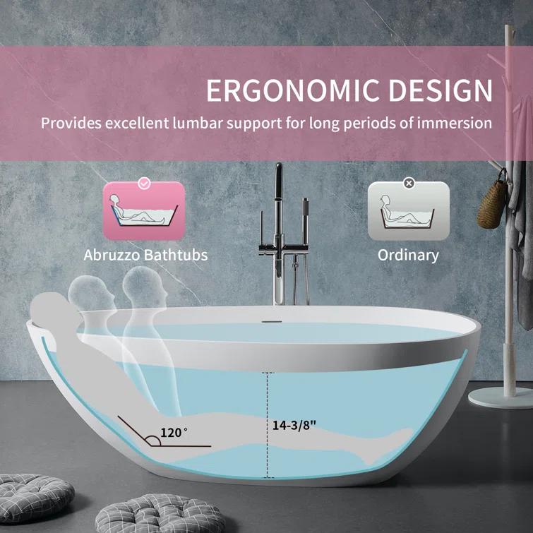 59" x 31" Freestanding Soaking Solid Surface Bathtub Stone Resin Bath Tub with Overflow and Pop-up Drain, Glossy/Matte White