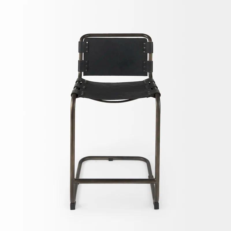 Berbick Black Leather and Iron Counter Stool, 26" Seat Height