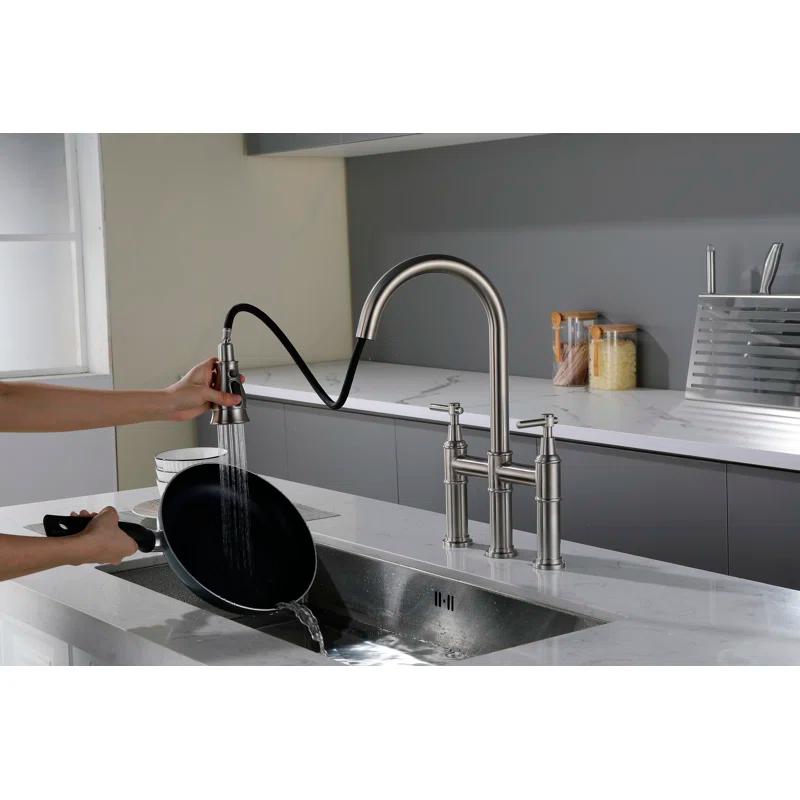 RBROHANT LYJ0078 17.32" Bridge Kitchen Faucet with Pull Down Sprayer, Bridge Faucet for Kitchen Sink 3 Holes