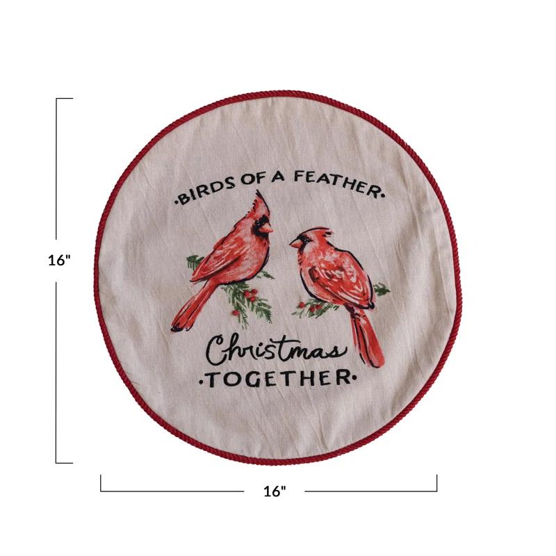 Creative Co-Op Round Cotton Printed Pillow With Cardinals, Embroidery And Corduroy Back "Birds Of A Feather, Christmas Together"