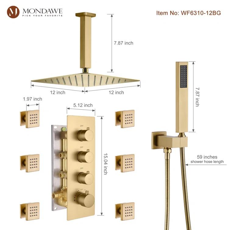 mondawe WF6310-12BG Herathena 3 Functions Ceiling Mounted Luxury Shower System with 6 Body Jets (Rough-in Valve Included)