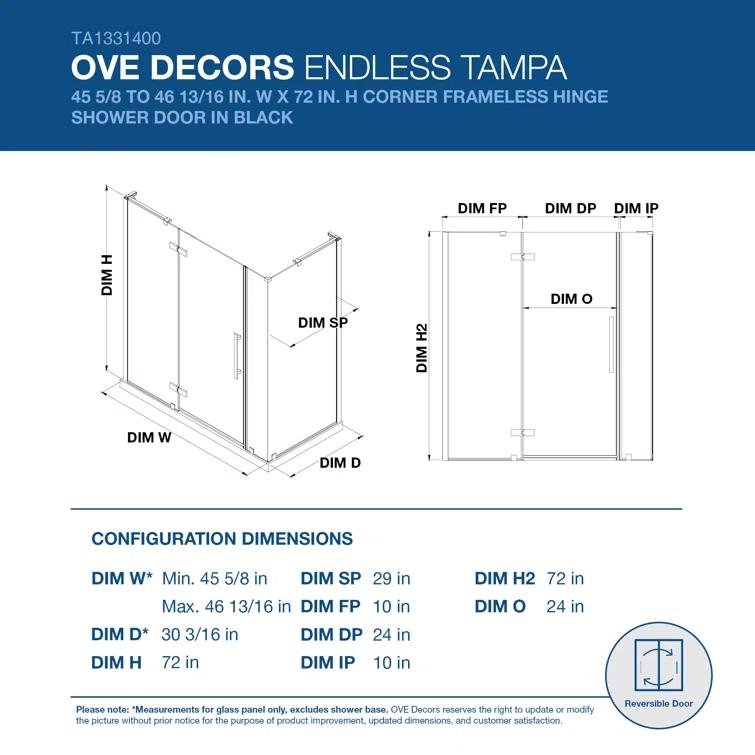 Endless Tampa 46" W x 72" H Corner Frameless Shower Kit, Door, 2 Panel