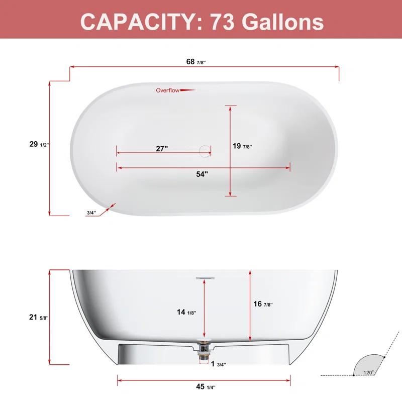 69'' x 29.5'' Freestanding Soaking Solid Surface Bathtub in White Finish with Drain