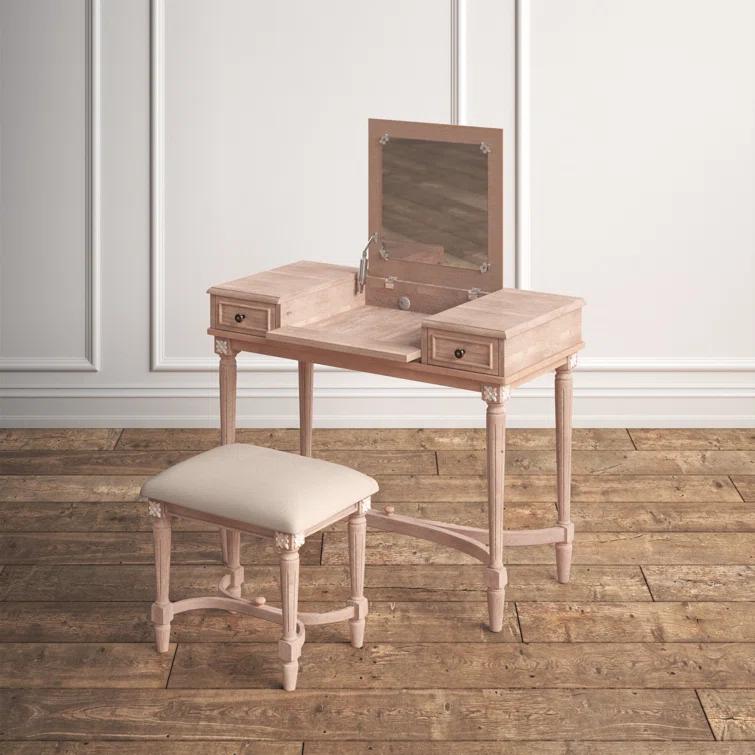 Kelly Clarkson Home June Natural Two Drawer Flip Top Vanity Set with Stool
