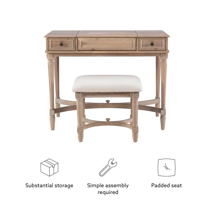 Kelly Clarkson Home June Natural Two Drawer Flip Top Vanity Set with Stool