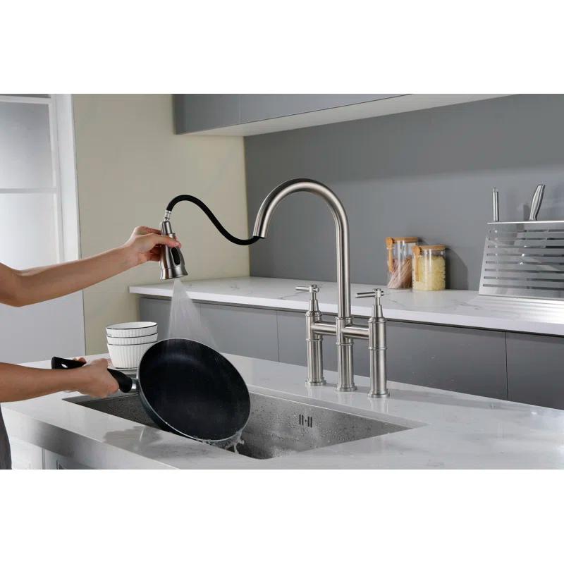 RBROHANT LYJ0078 17.32" Bridge Kitchen Faucet with Pull Down Sprayer, Bridge Faucet for Kitchen Sink 3 Holes