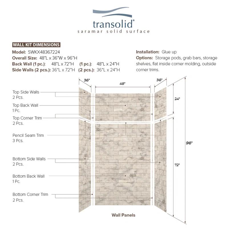 SaraMar 48'' W 36'' D 96'' H Glue Up Solid Surface Wall