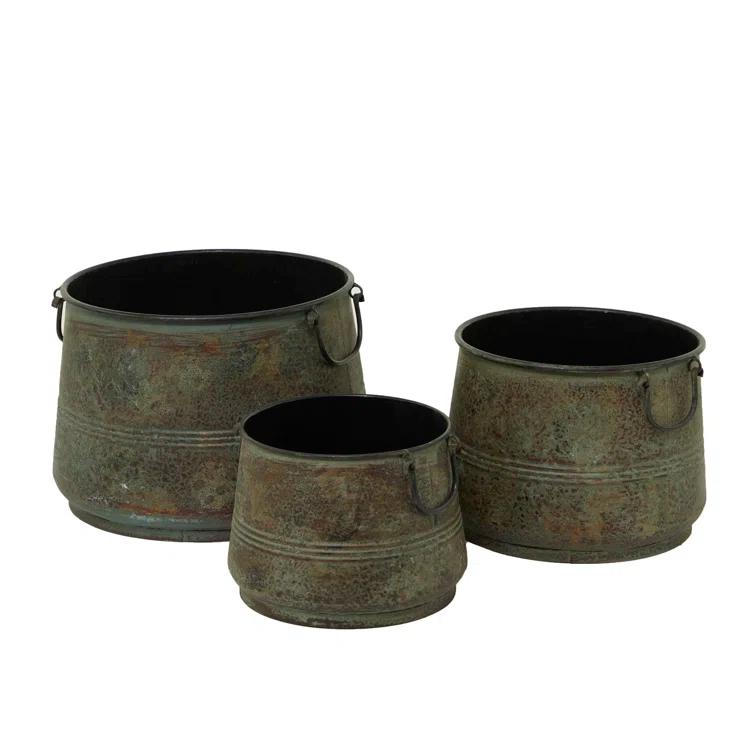 Gracie Oaks Cowden 3 Piece Metal Distressed Bucket Style Indoor Outdoor Bronze Planter with Side Ring Handles Set