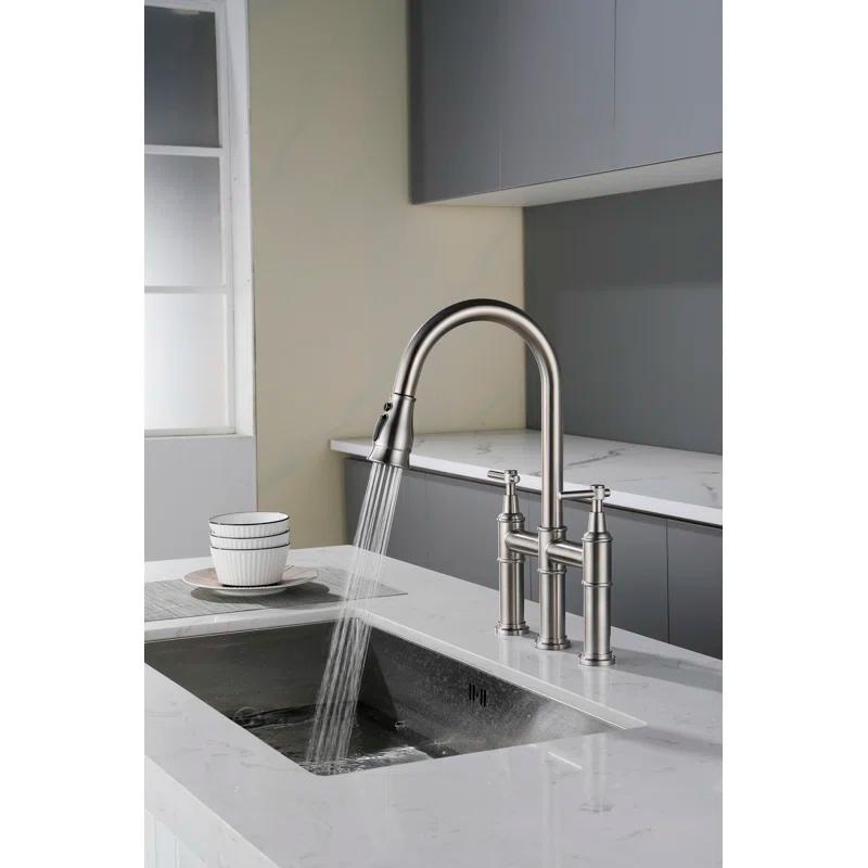 RBROHANT LYJ0078 17.32" Bridge Kitchen Faucet with Pull Down Sprayer, Bridge Faucet for Kitchen Sink 3 Holes