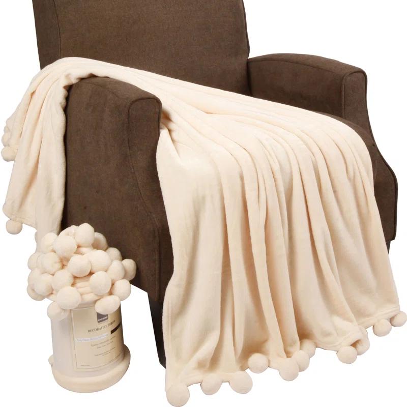 Flannel Fleece Pom Pom Blanket