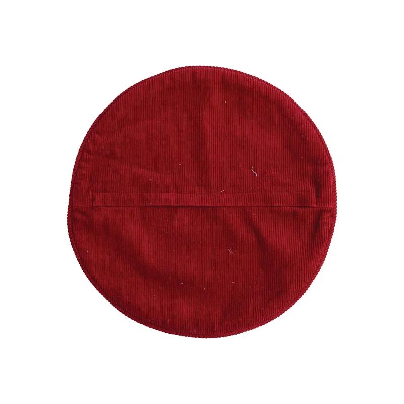 Creative Co-Op Round Cotton Printed Pillow With Cardinals, Embroidery And Corduroy Back "Birds Of A Feather, Christmas Together"