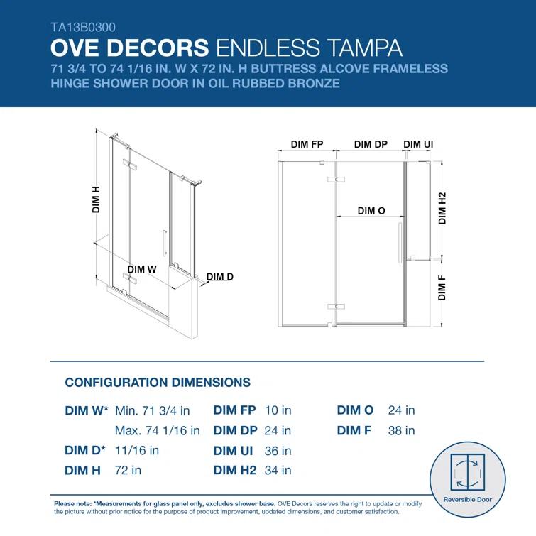 Endless Tampa 46" W x 72" H Corner Frameless Shower Kit, Door, 2 Panel