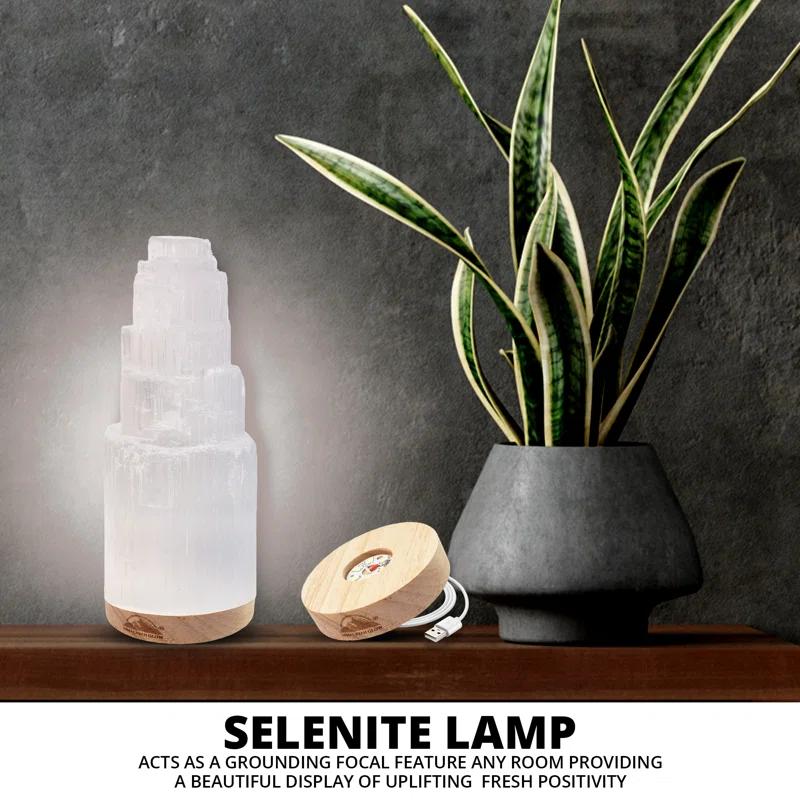 Himalayan Glow Selenite Crystal Lamp 20cm Large, Hand-Curved Crystal Lamp with Wooden Base - White