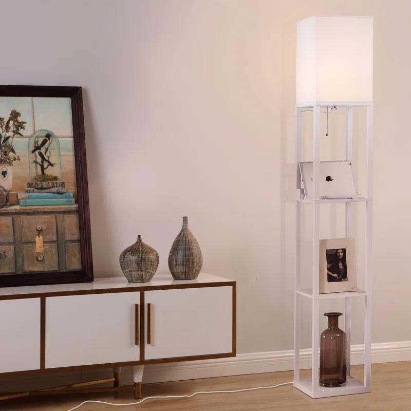 Brightech Maxwell 63 in. 3-Shelf USB-Charging LED Floor Lamp with Fabric Square Shade