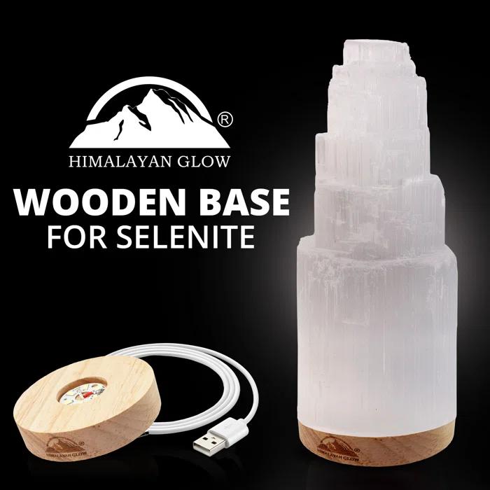 Himalayan Glow Selenite Crystal Lamp 20cm Large, Hand-Curved Crystal Lamp with Wooden Base - White