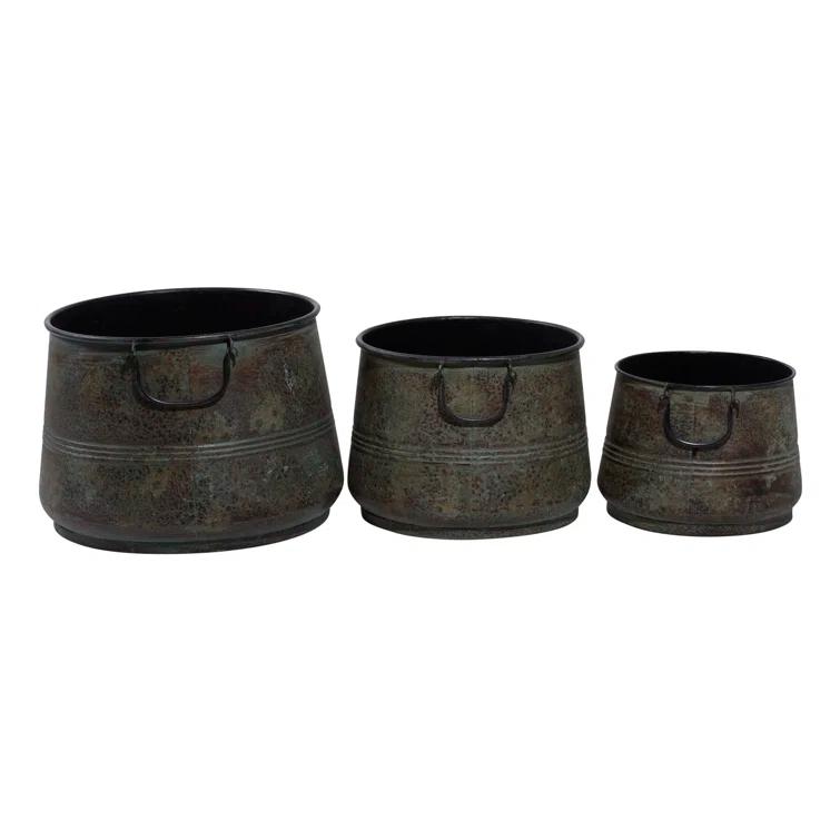 Gracie Oaks Cowden 3 Piece Metal Distressed Bucket Style Indoor Outdoor Bronze Planter with Side Ring Handles Set