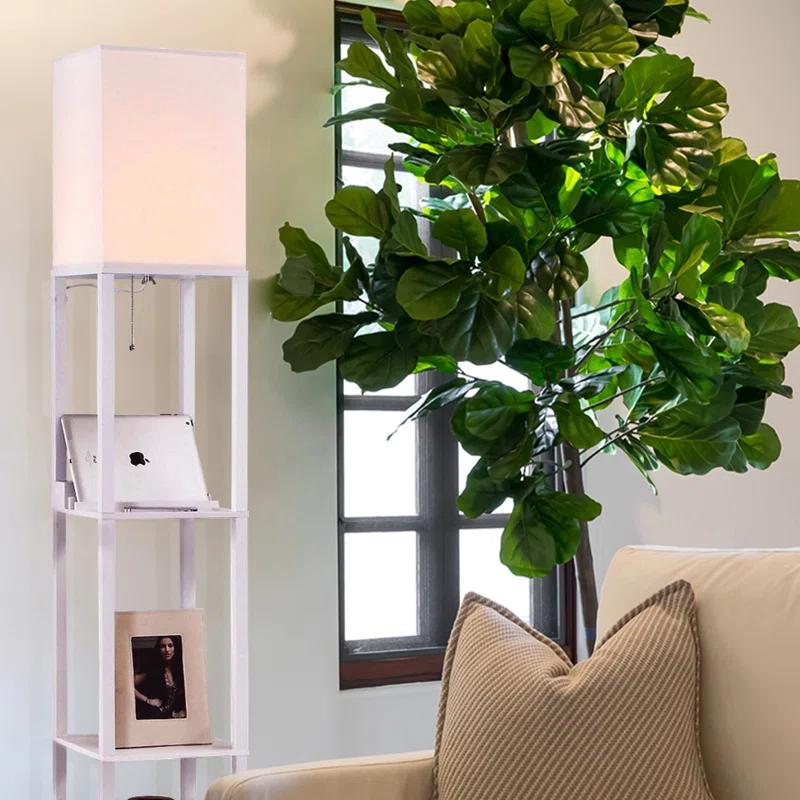 Brightech Maxwell 63 in. 3-Shelf USB-Charging LED Floor Lamp with Fabric Square Shade