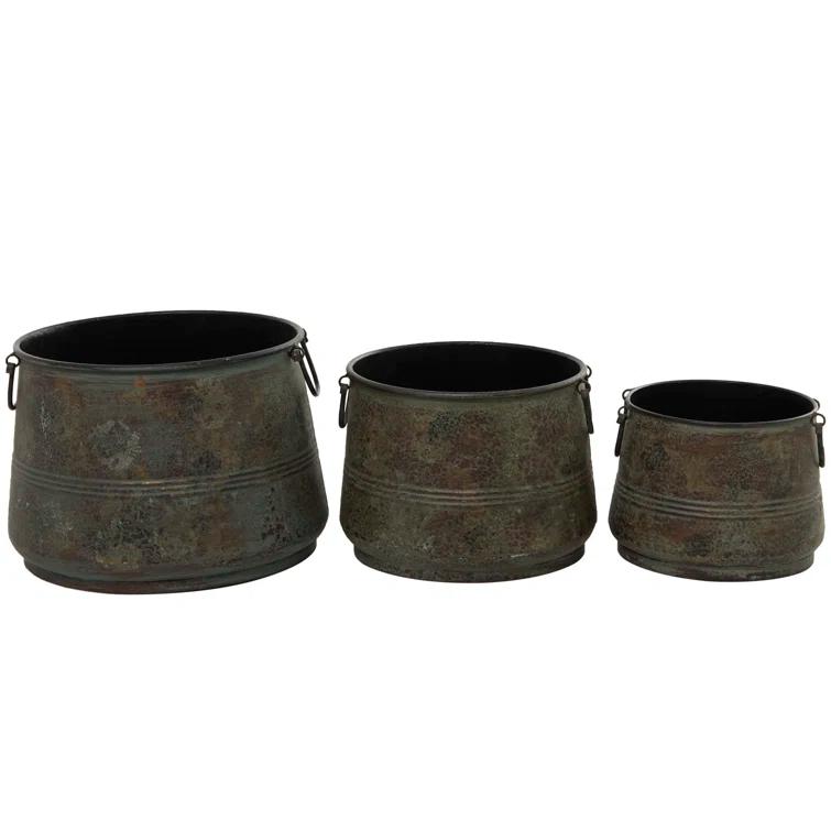 Gracie Oaks Cowden 3 Piece Metal Distressed Bucket Style Indoor Outdoor Bronze Planter with Side Ring Handles Set