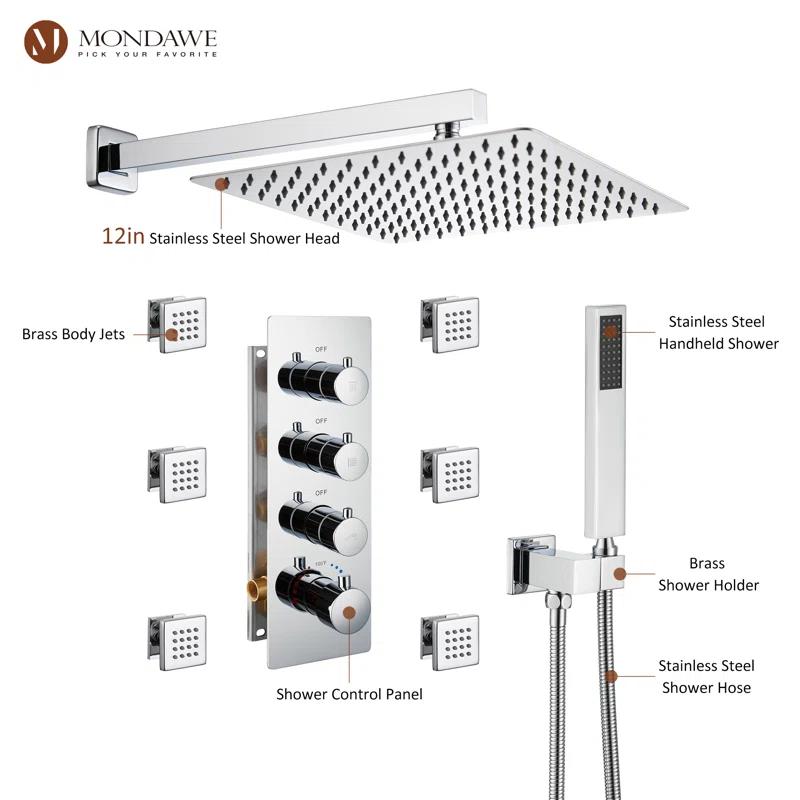 Herathena 3 Functions Wall Mounted Luxury Shower System with 6 Body Jets (Rough-in Valve Included)