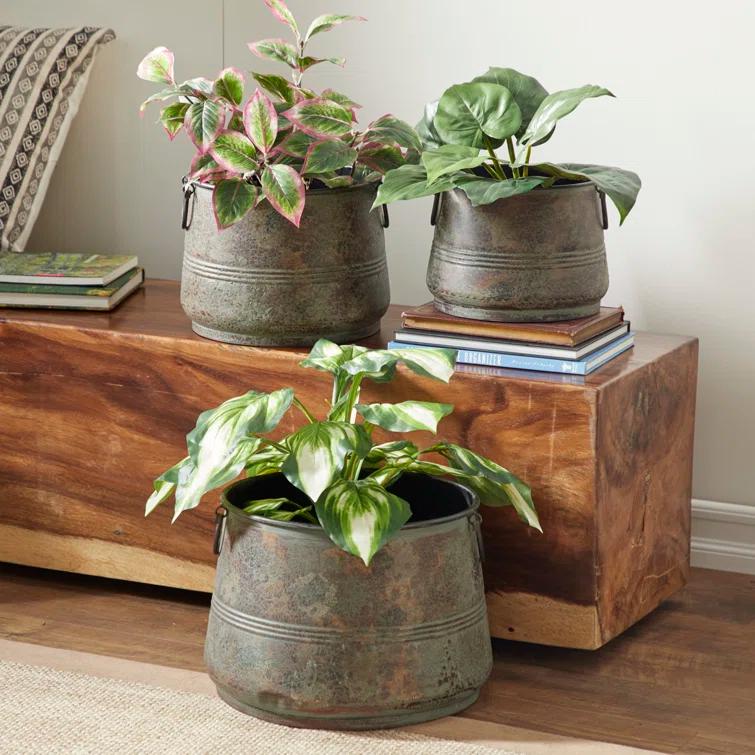 Gracie Oaks Cowden 3 Piece Metal Distressed Bucket Style Indoor Outdoor Bronze Planter with Side Ring Handles Set
