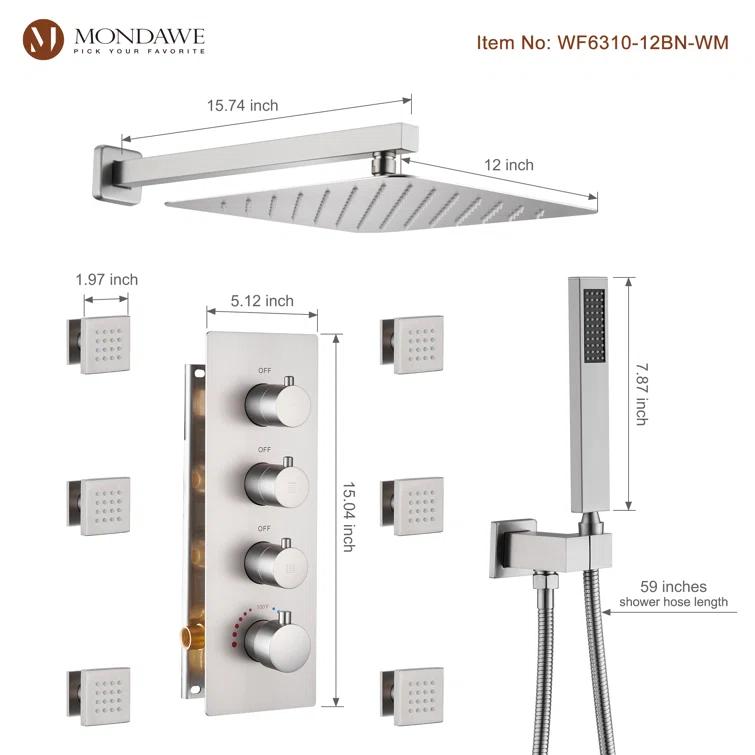 Herathena 3 Functions Wall Mounted Luxury Shower System with 6 Body Jets (Rough-in Valve Included)