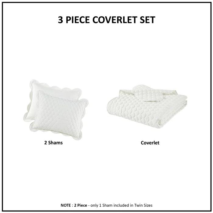 Solid Color 3 Piece Scalloped Edge Crinkle Microfiber Quilt Set