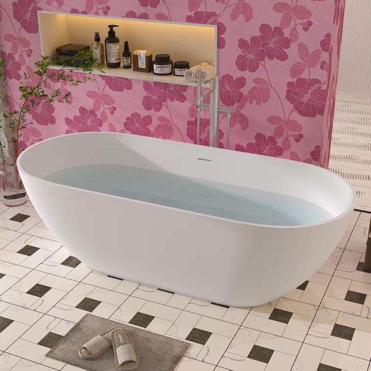 69'' x 29.5'' Freestanding Soaking Solid Surface Bathtub in White Finish with Drain