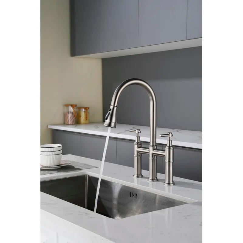 RBROHANT LYJ0078 17.32" Bridge Kitchen Faucet with Pull Down Sprayer, Bridge Faucet for Kitchen Sink 3 Holes