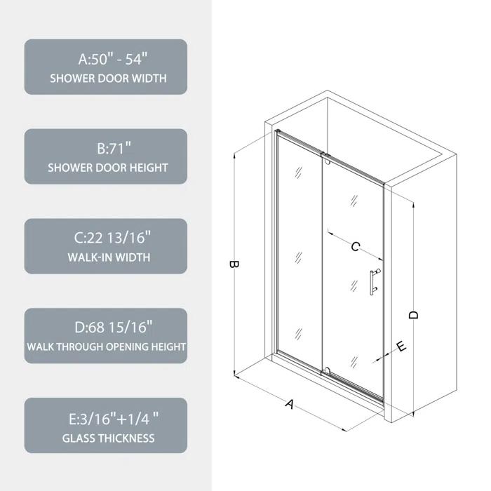 Arch Glass Designs 11DD131873LTS 38-42" W x 71" H Flush Glass Shower Door Reversible Installation