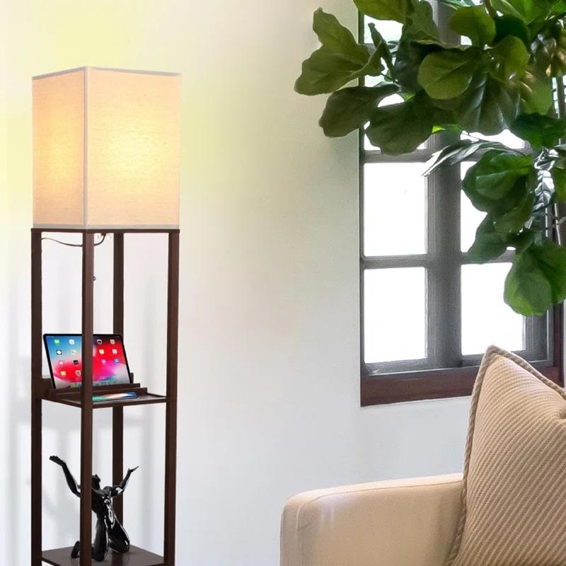 Maxwell 63 in. USB Charging LED 3-Shelf Floor Lamp with Beige Fabric Square Shade