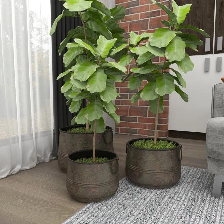Gracie Oaks Cowden 3 Piece Metal Distressed Bucket Style Indoor Outdoor Bronze Planter with Side Ring Handles Set