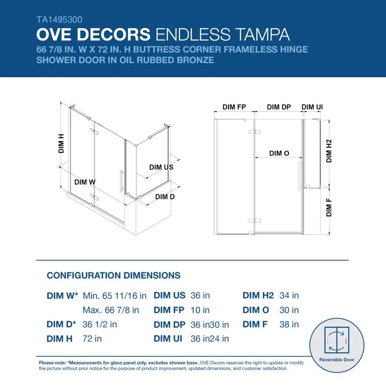 Endless Tampa 46" W x 72" H Corner Frameless Shower Kit, Door, 2 Panel