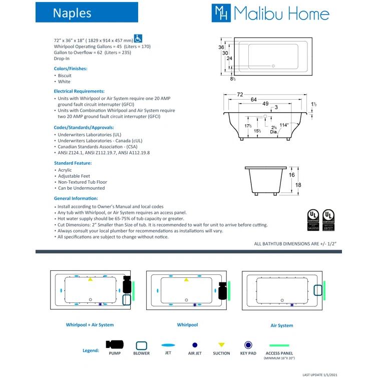 Naples 72" x 36" Drop In Soaking Acrylic Bathtub