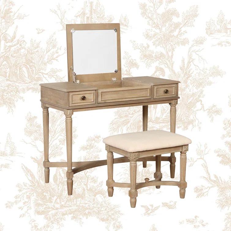 Kelly Clarkson Home June Natural Two Drawer Flip Top Vanity Set with Stool
