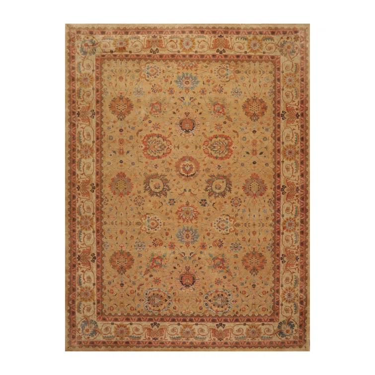 Hand-Knotted Beige and Blue Wool Oriental Rug, 9' x 12'