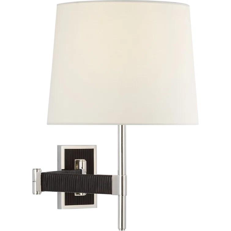 Elle Polished Nickel & Black Rattan 17'' Swing Arm Sconce with Linen Shade