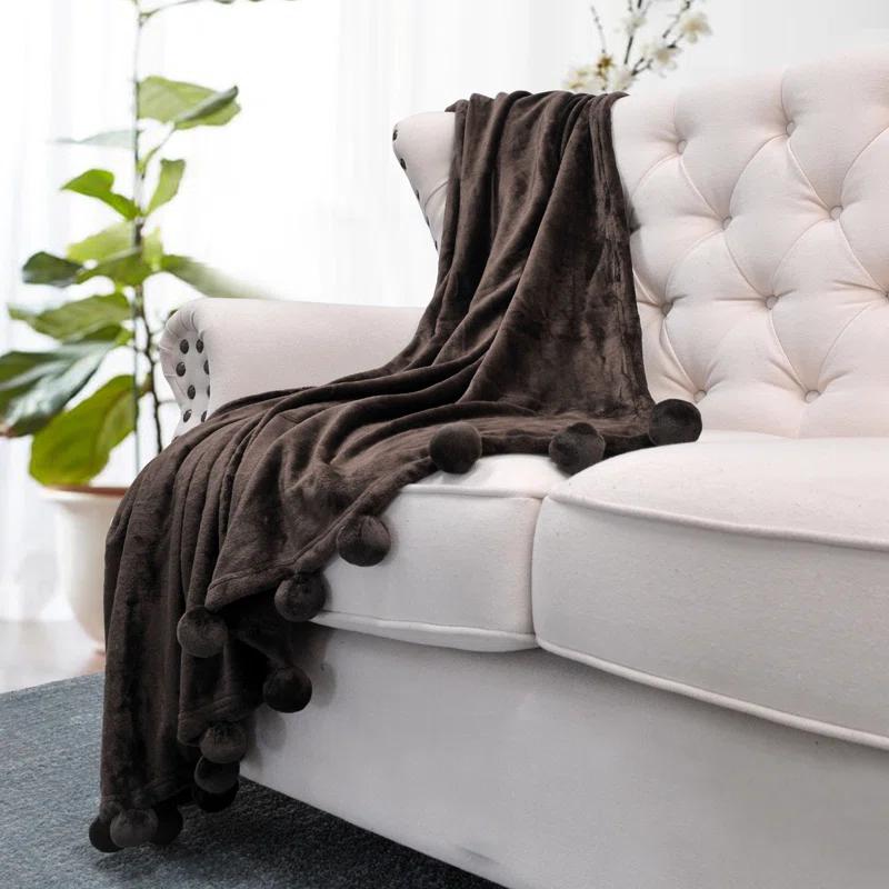 Flannel Fleece Pom Pom Blanket
