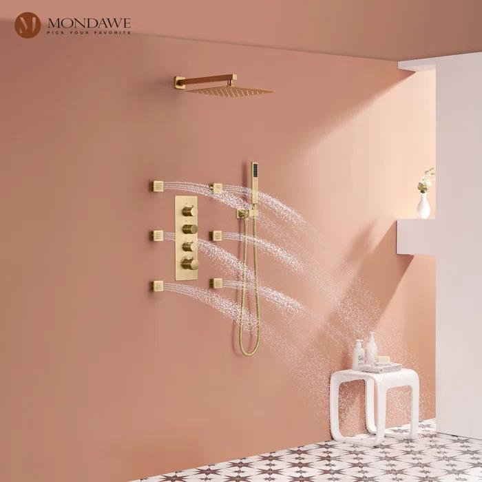 3 Functions Wall Mount Thermostatic Complete Shower System with 6 Body Jets, Rough-in Valve