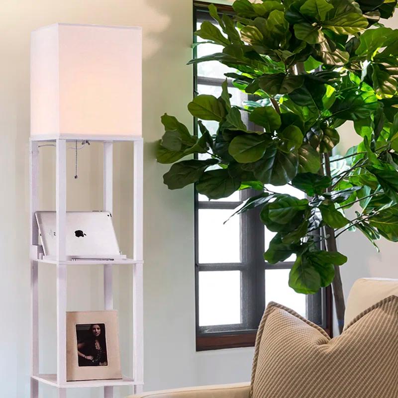 Brightech Maxwell 63 in. 3-Shelf USB-Charging LED Floor Lamp with Fabric Square Shade
