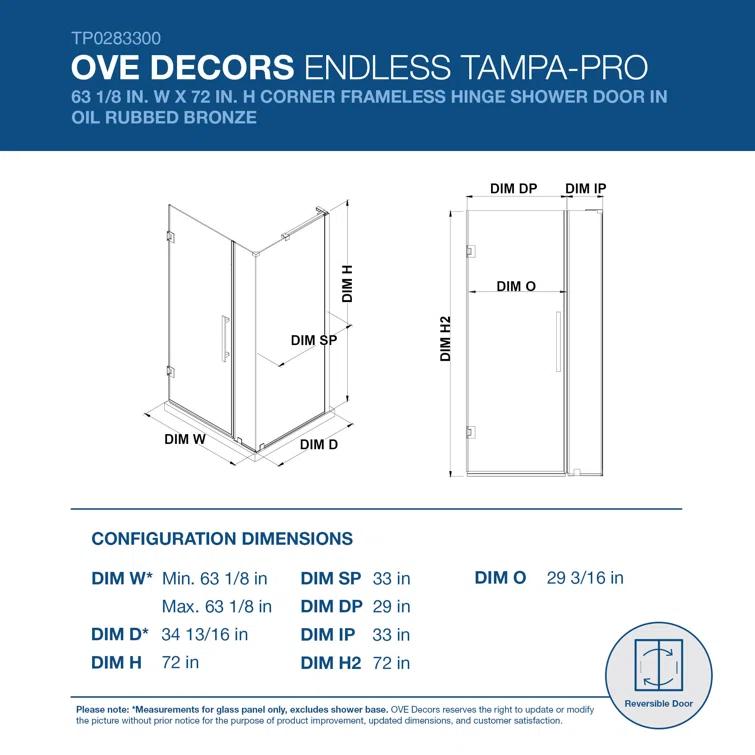 Endless Tampa 46" W x 72" H Corner Frameless Shower Kit, Door, 2 Panel