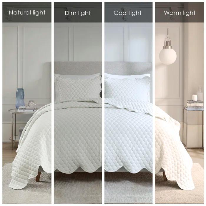 Solid Color 3 Piece Scalloped Edge Crinkle Microfiber Quilt Set