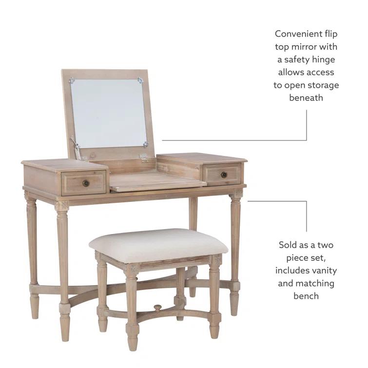 Kelly Clarkson Home June Natural Two Drawer Flip Top Vanity Set with Stool