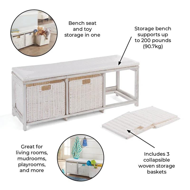 Kid''s Storage Bench With Woven Top And Baskets