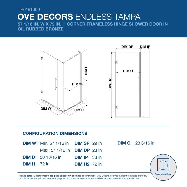 Endless Tampa-Pro 57" W x 72" H Corner Frameless Shower Kit, Door, Panel