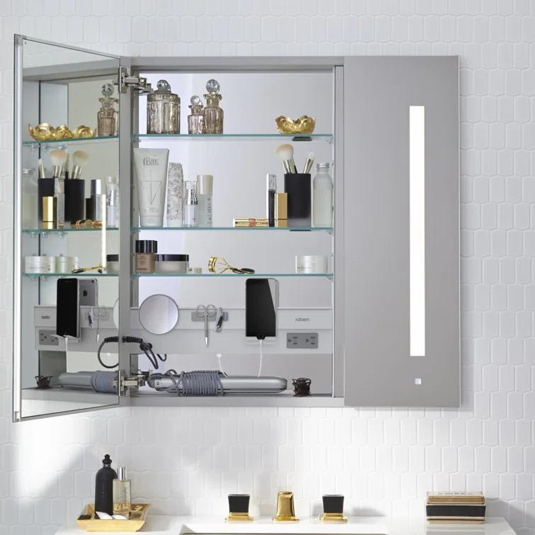 AiO Recessed Frameless Medicine Cabinet with 3 Adjustable Shelves and LED Lighting