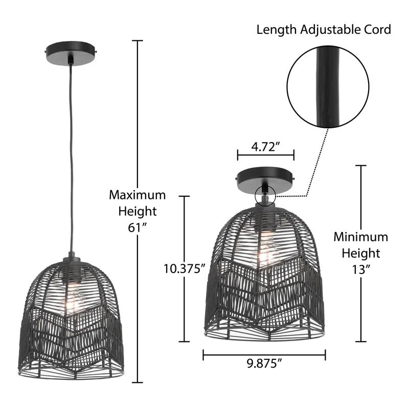 10"W Amher 1-Light Black Rattan Pendant Light